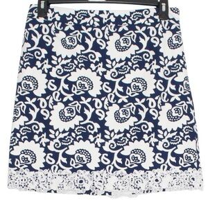 TALBOTS LACE-TRIMMED WOODBLOCK FLORAL STRETCH COTTON CANVAS SKIRT